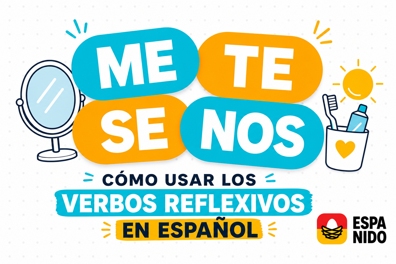 Spanish reflexive pronouns me, te, se, and nos shown beside a mirror