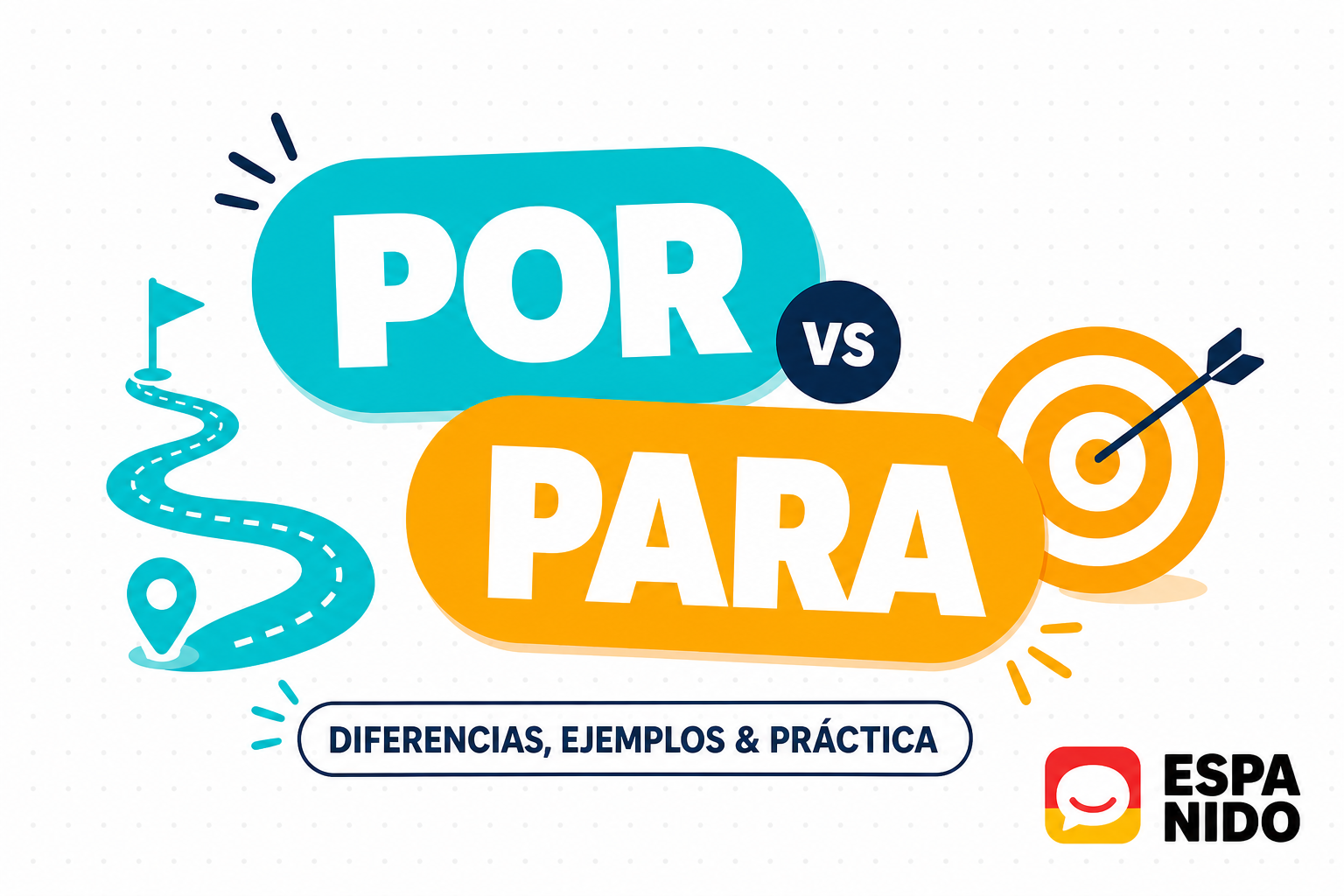 Por vs para in Spanish shown with a route and a destination target