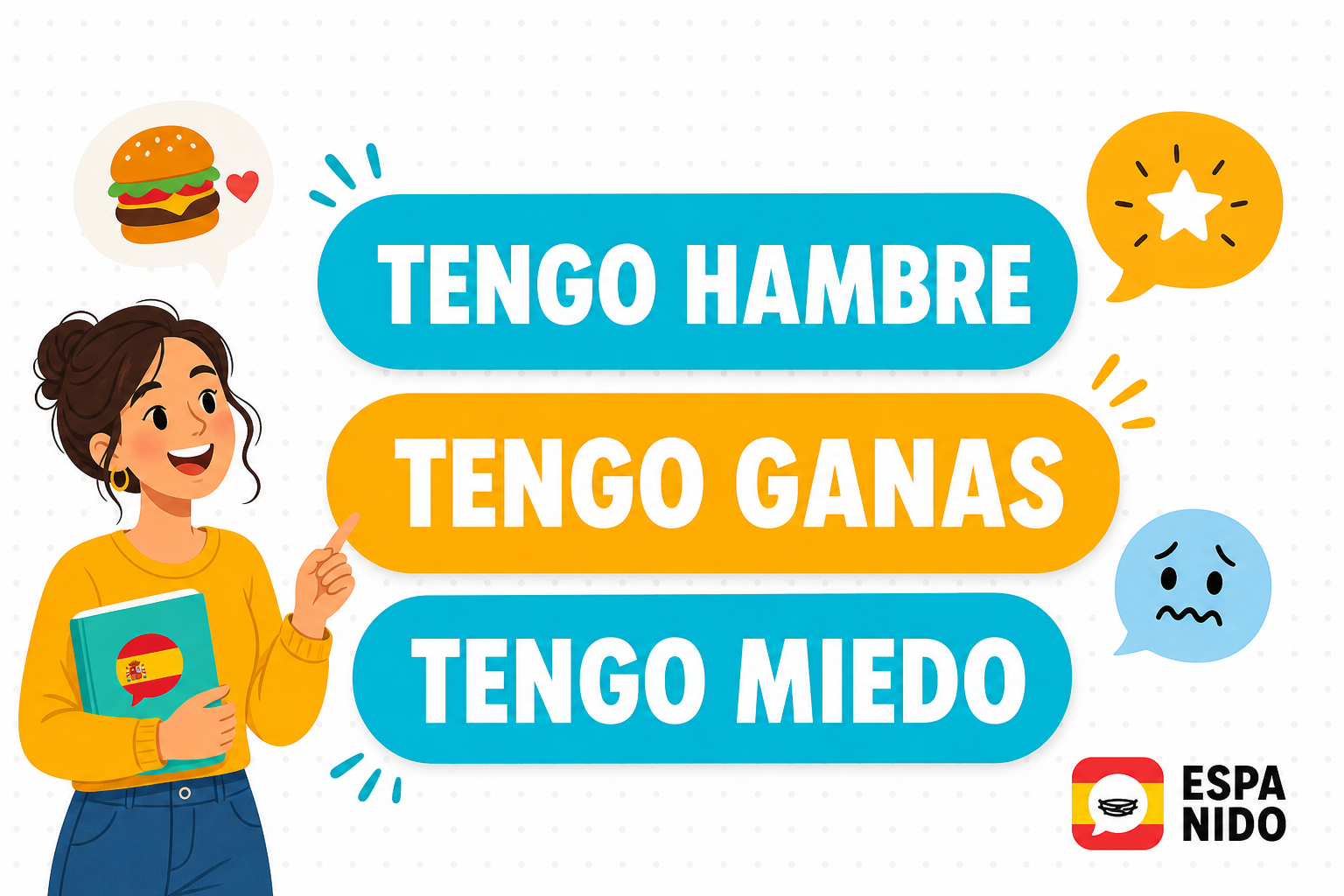 Everyday Spanish expressions with tener, including tengo hambre, tengo ganas, and tengo miedo