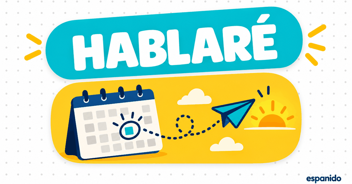 Hablaré on a turquoise card above a calendar and a paper plane flying forward