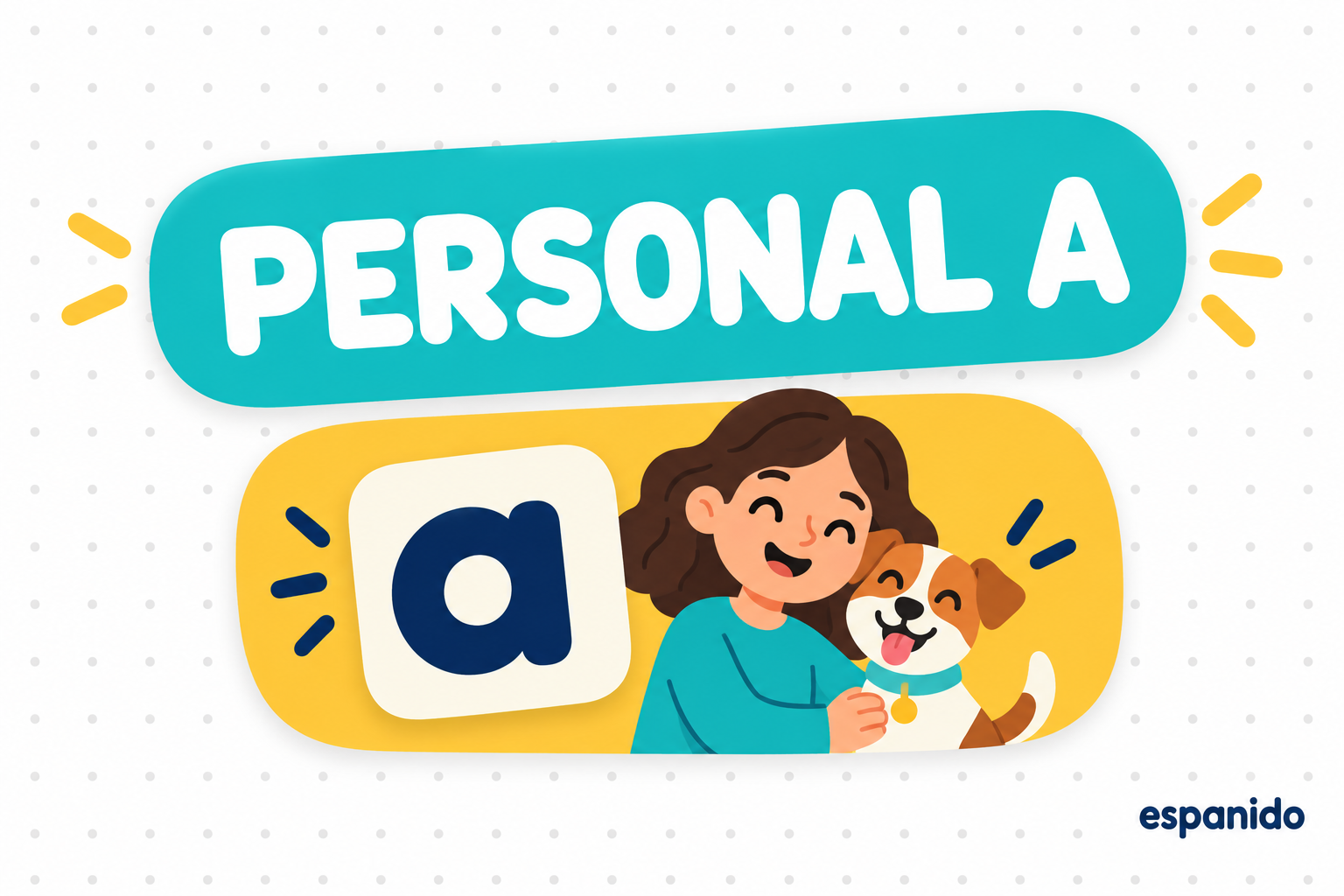 Personal a on turquoise and yellow cards with a person and a dog