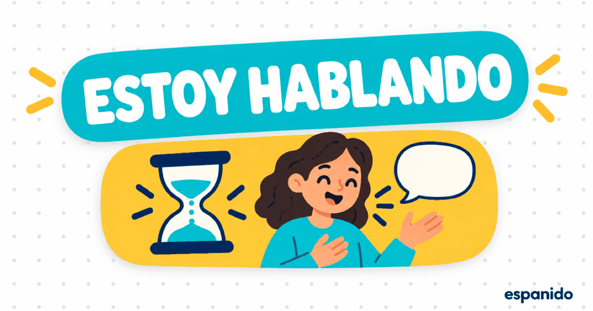 Estoy hablando on a turquoise card above an hourglass and a person talking