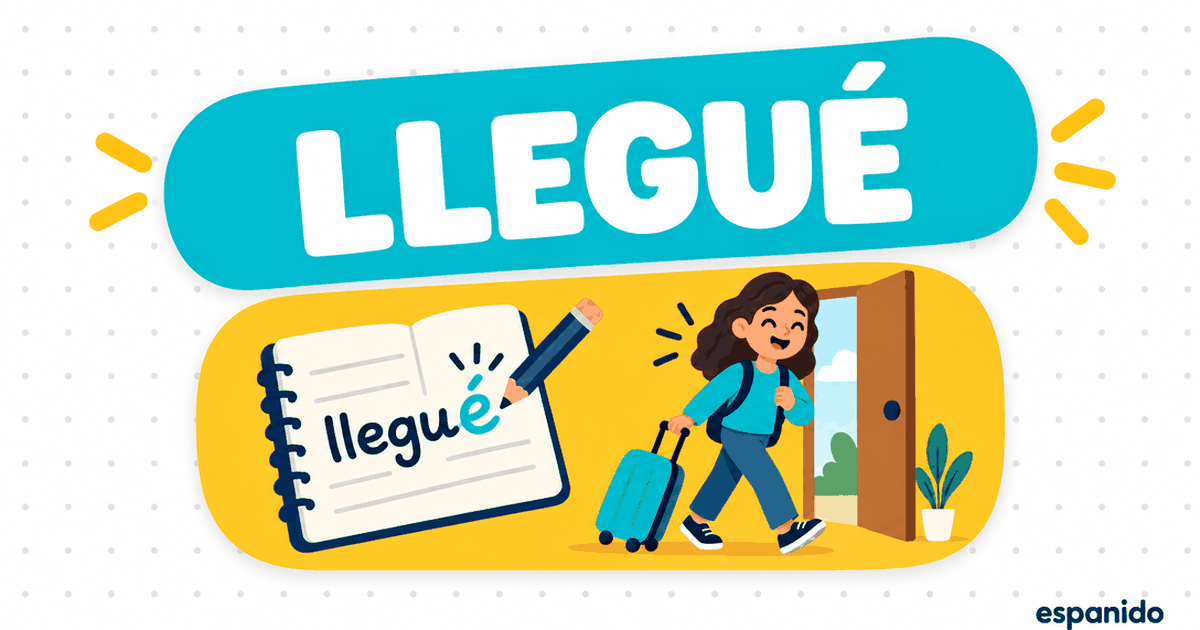 Llegué on a turquoise card above a notebook and a person arriving with a suitcase