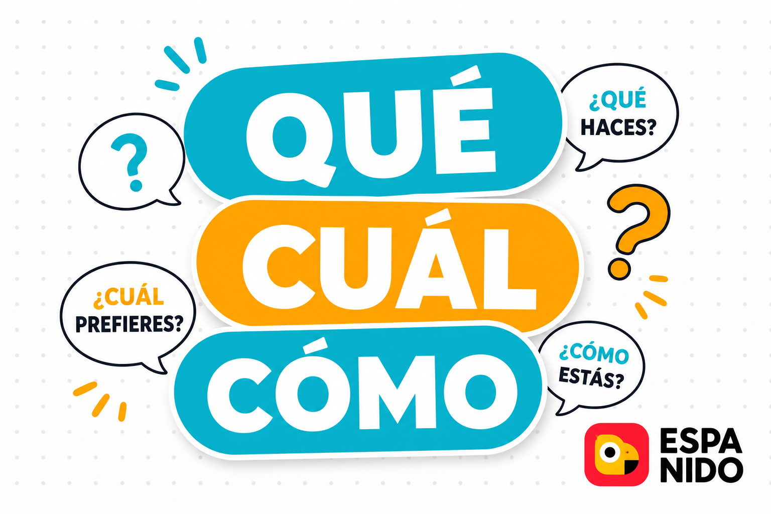 Qué, cuál and cómo shown in Spanish question bubbles